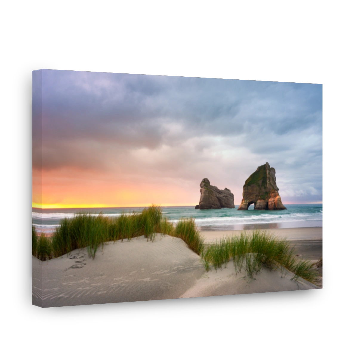 Wharariki Beach with Archway Islands at Sunset