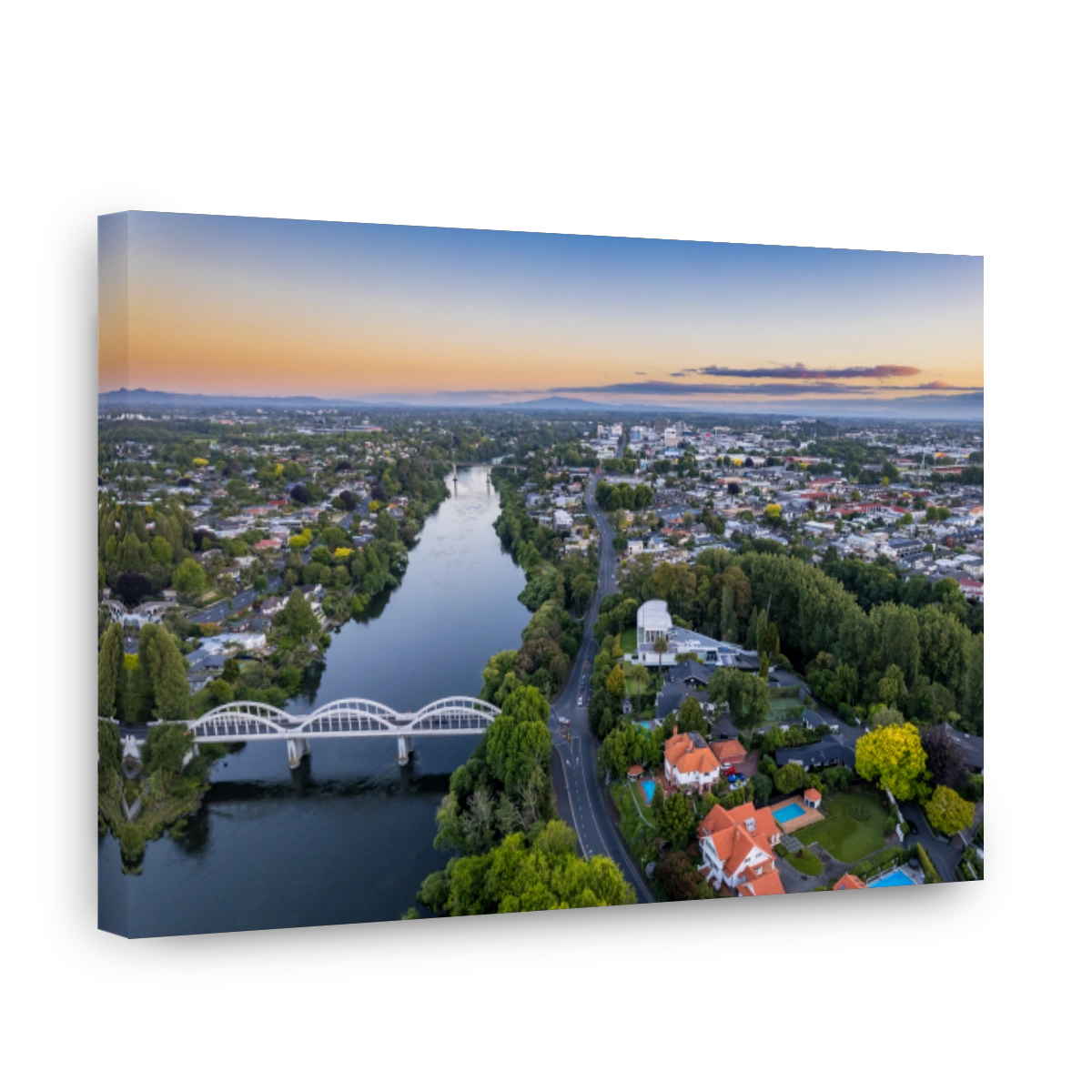 Aerial view of Hamilton City at sunset