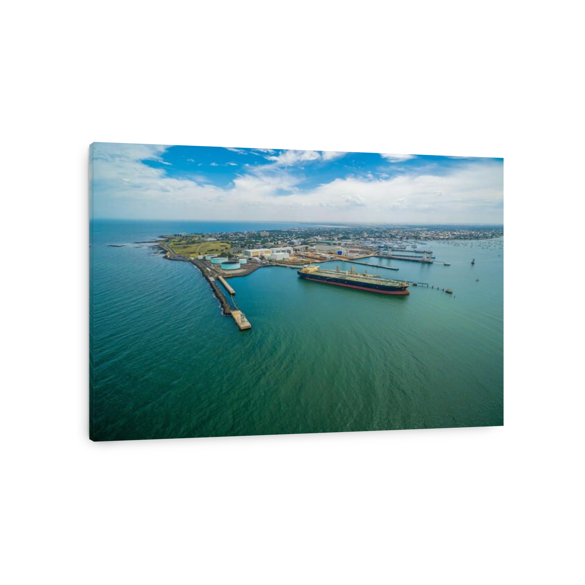 Aerial view of industrial docks and nautical vessel at Yarra river mouth. Williamstown, Melbourne, Australia