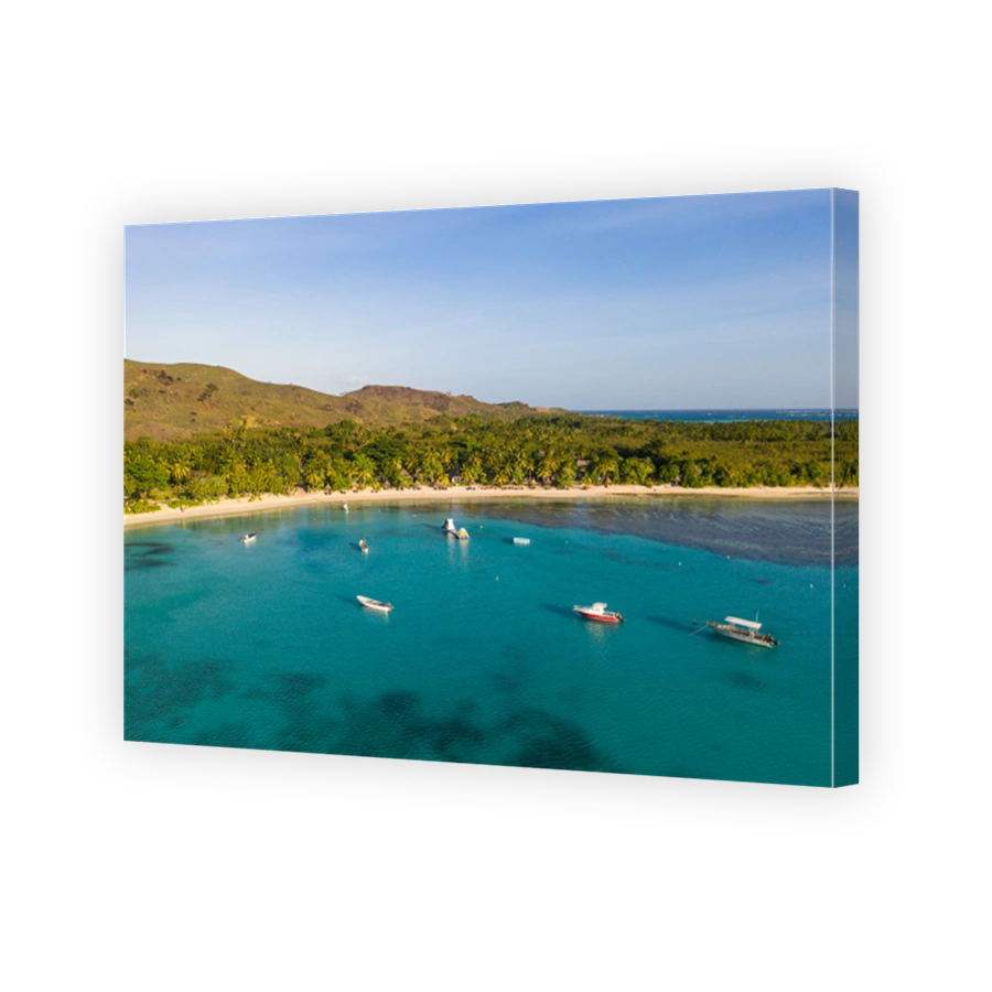 Aerial view of the idyllic blue lagoon beach and coast in the Yasawa islands in Fiji