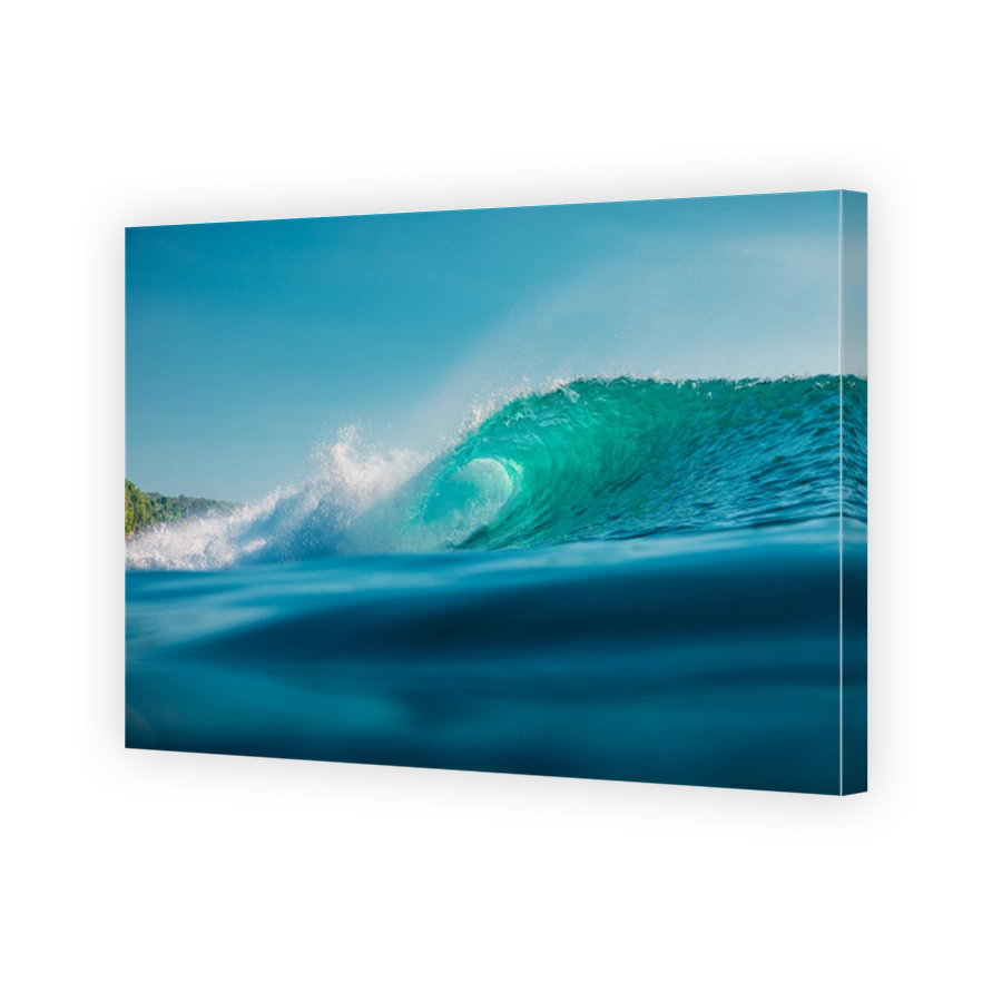 Barrel wave in ocean. Blue wave with sun light