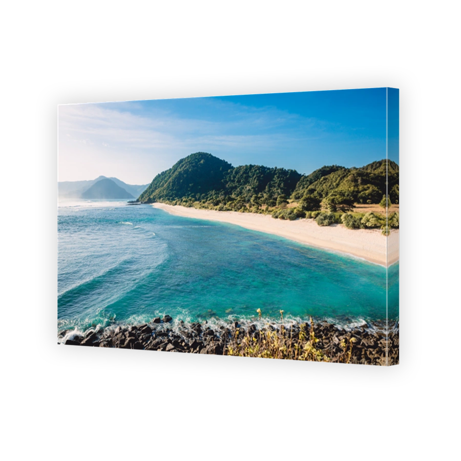 Tropical sandy beach and waves for surfing in ocean with blue sky