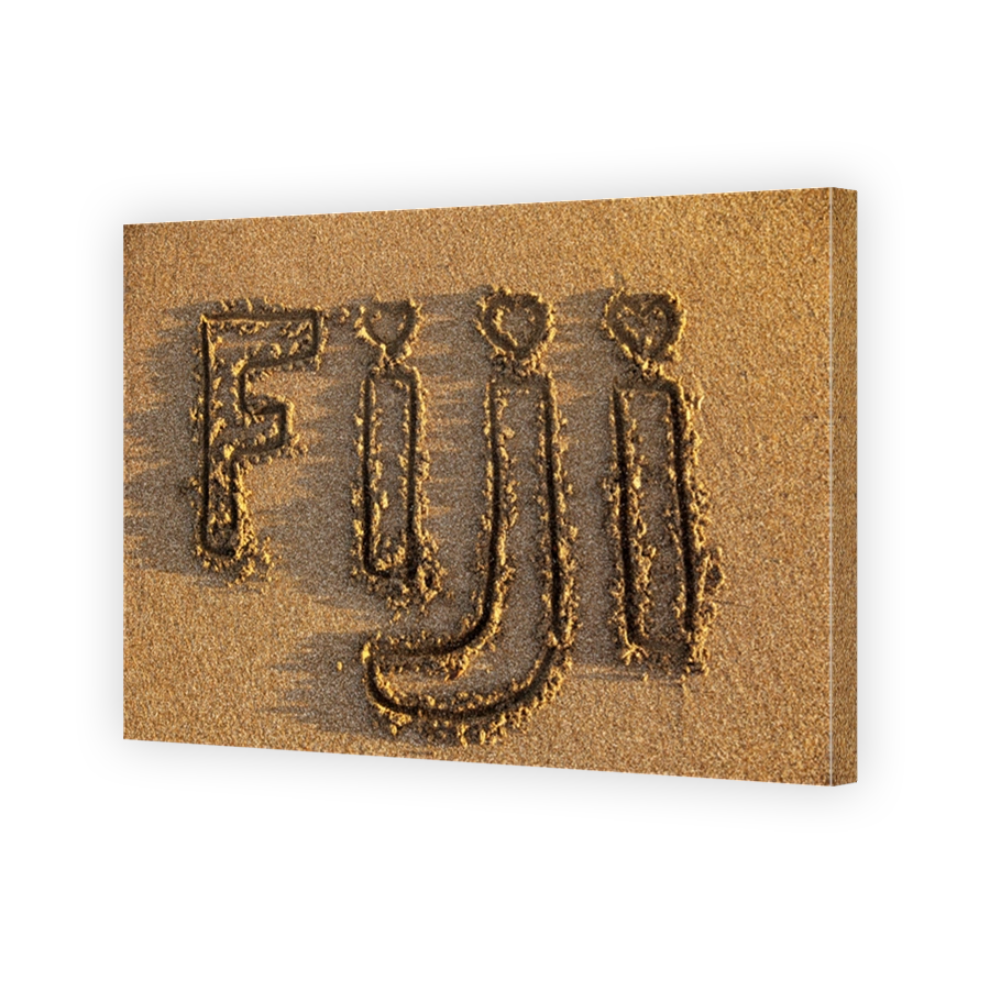 Word Fiji written on a beach