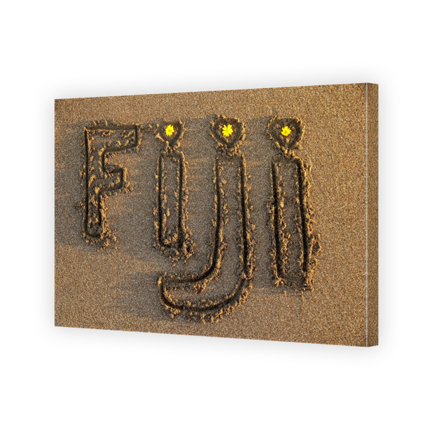 Word Fiji written on a beach