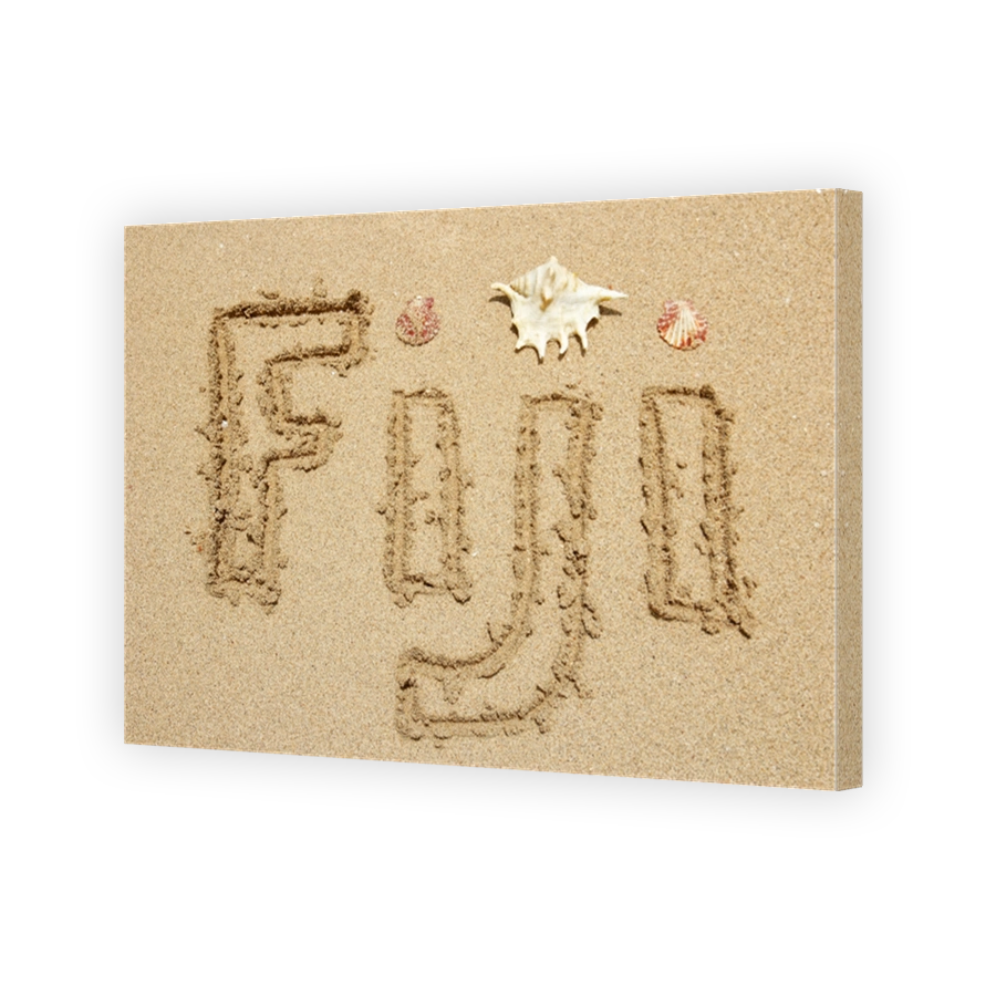 Word Fiji written on a beach