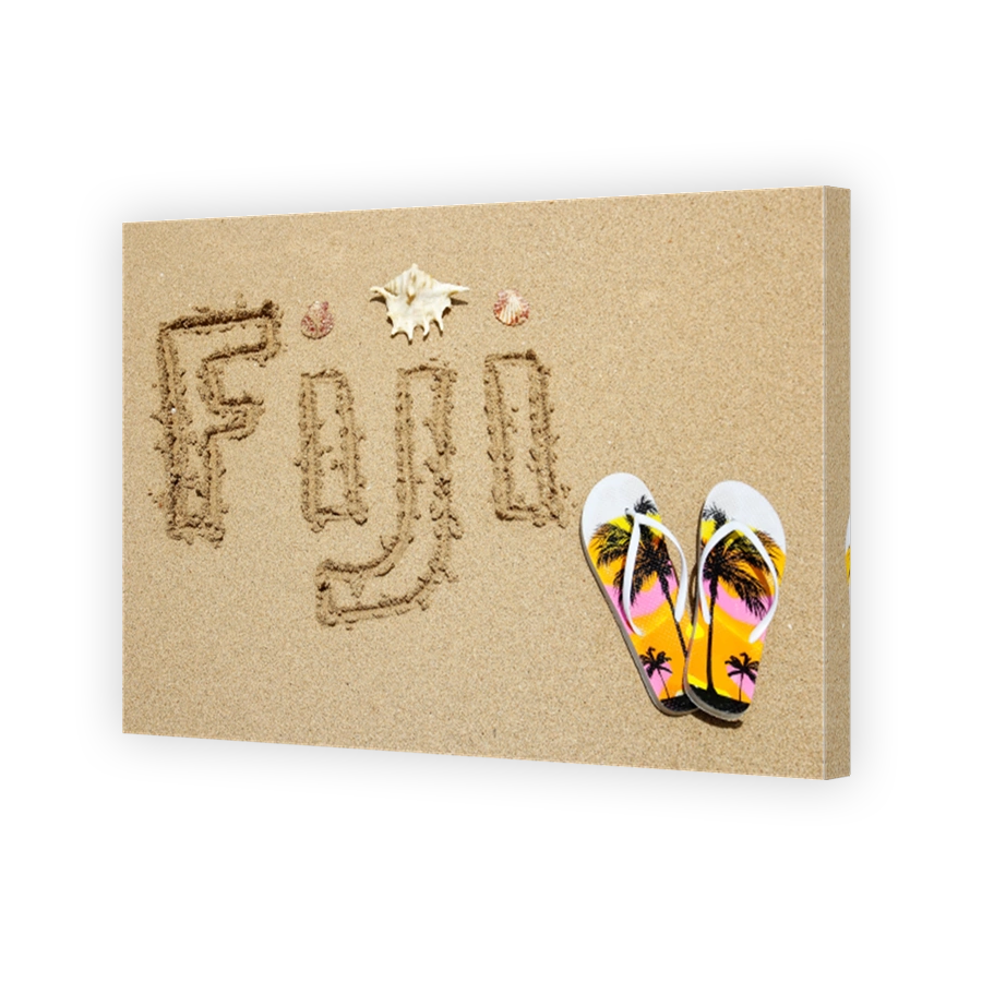 Word Fiji written on a beach