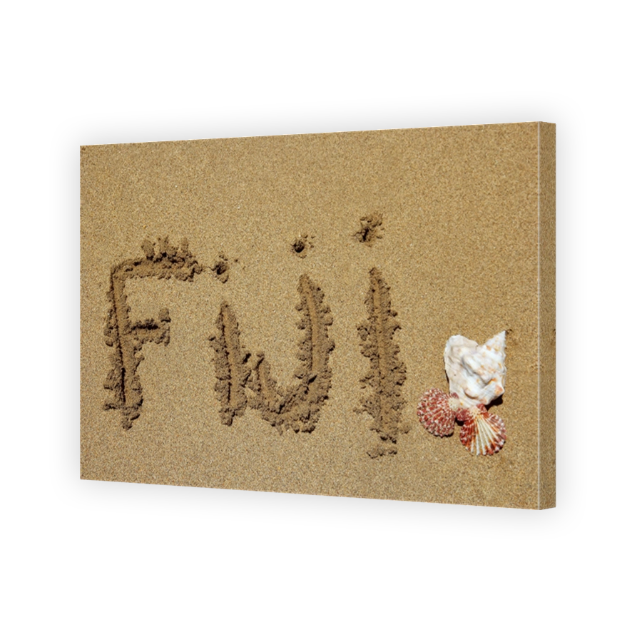 Word Fiji written on a beach