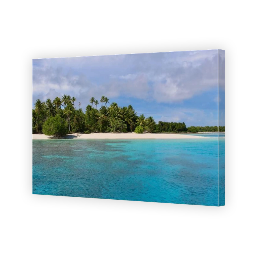 An uninhabited tropical island in the Marshall Islands with palm trees, white sand, and turquoise water in the remote Pacific Ocean.