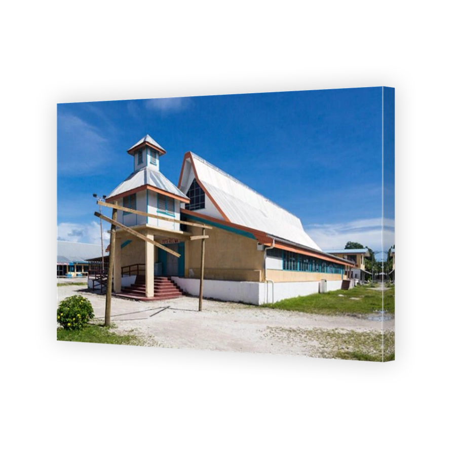 Most prominent building on Funafuti atoll is Teone Church (Fetu Ao Lima, Morning Star Church). Tausoa Lima Falekaupule. Tuvalu, Oceania, Polynesia.