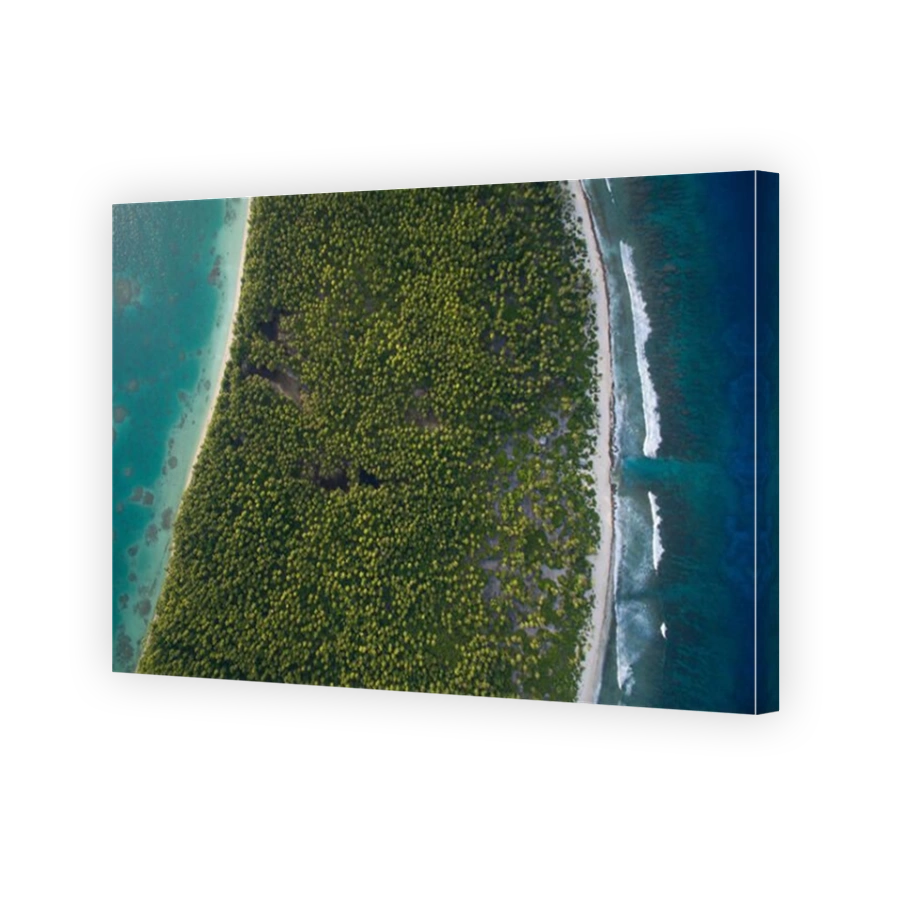 Aerial View of Orona Island, an uninhabited island in the Phoenix Islands, Kiribati. Visible is the lagoon, atoll and Pacific Ocean.