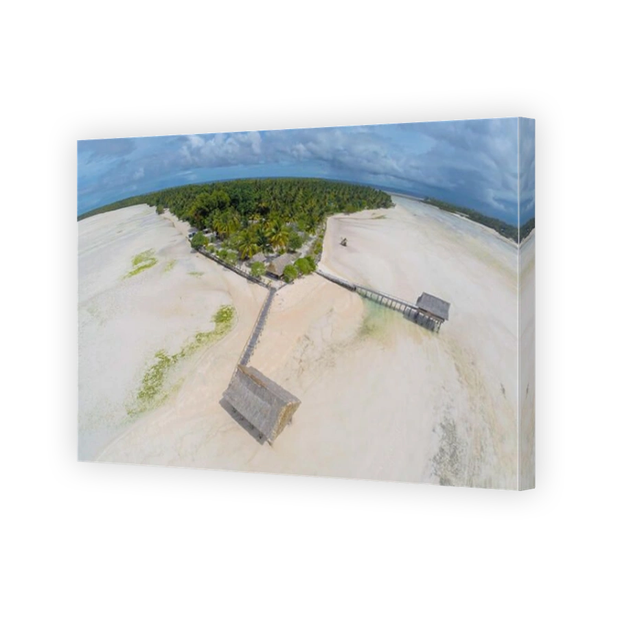 Traditional authentic over water thatched roof wooden bungalow of native local aborigines Micronesian people in lagoon of an atoll, North Tarawa, low