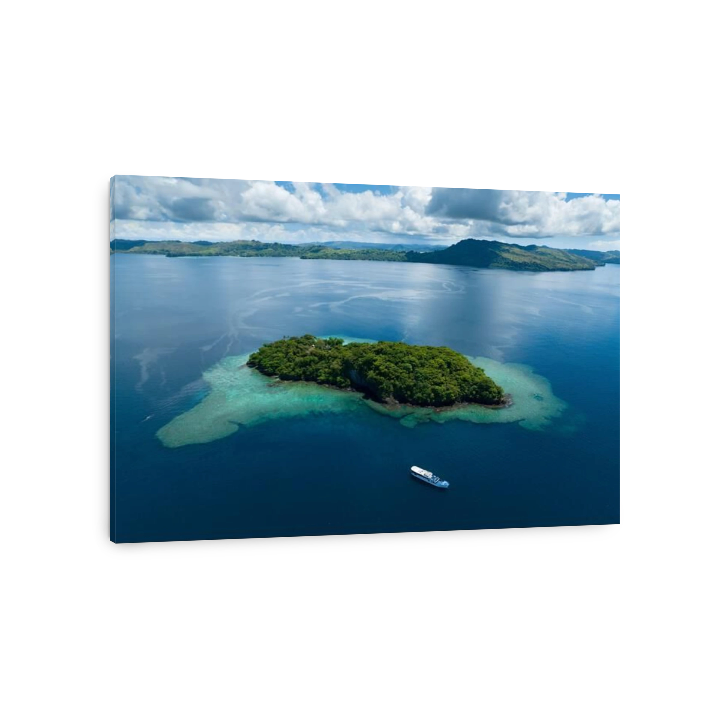 A beautiful coral reef surrounds a scenic island in the Solomon Islands. This beautiful country is home to spectacular marine biodiversity.