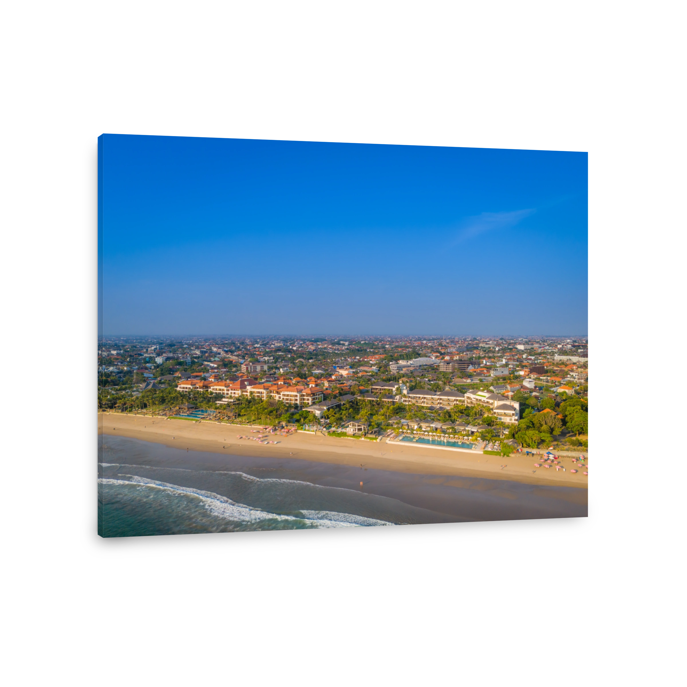 Aerial view of Seminyak beach coastline. Kuta Beach resort in Bali, Indonesia