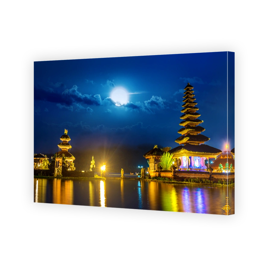pura ulun danu bratan temple at night in Bali, Indonesia.