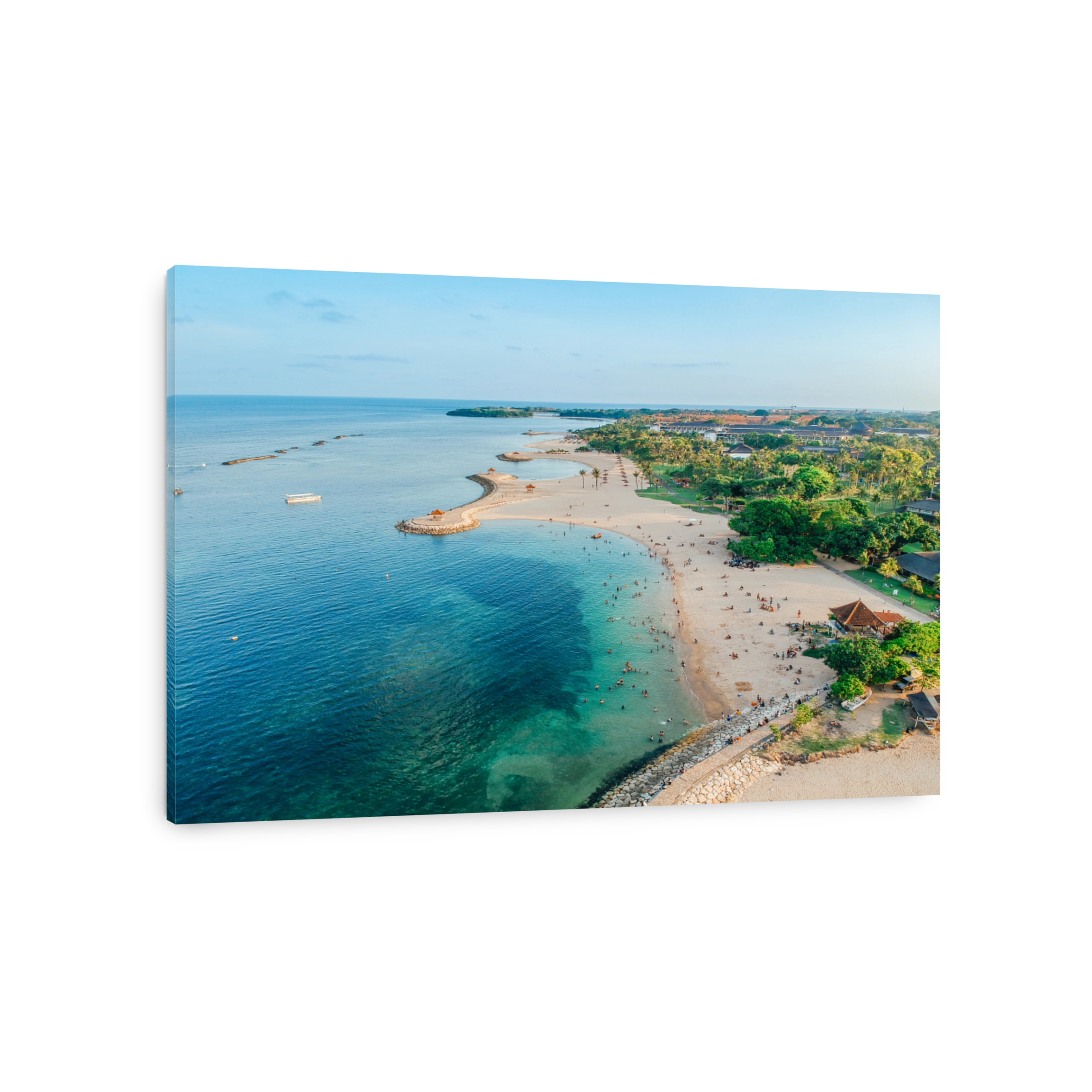 Aerial Drone View Of Holiday In Sanur Beach, Bali, Indonesia With Ocean, Boats, Beach, And People.