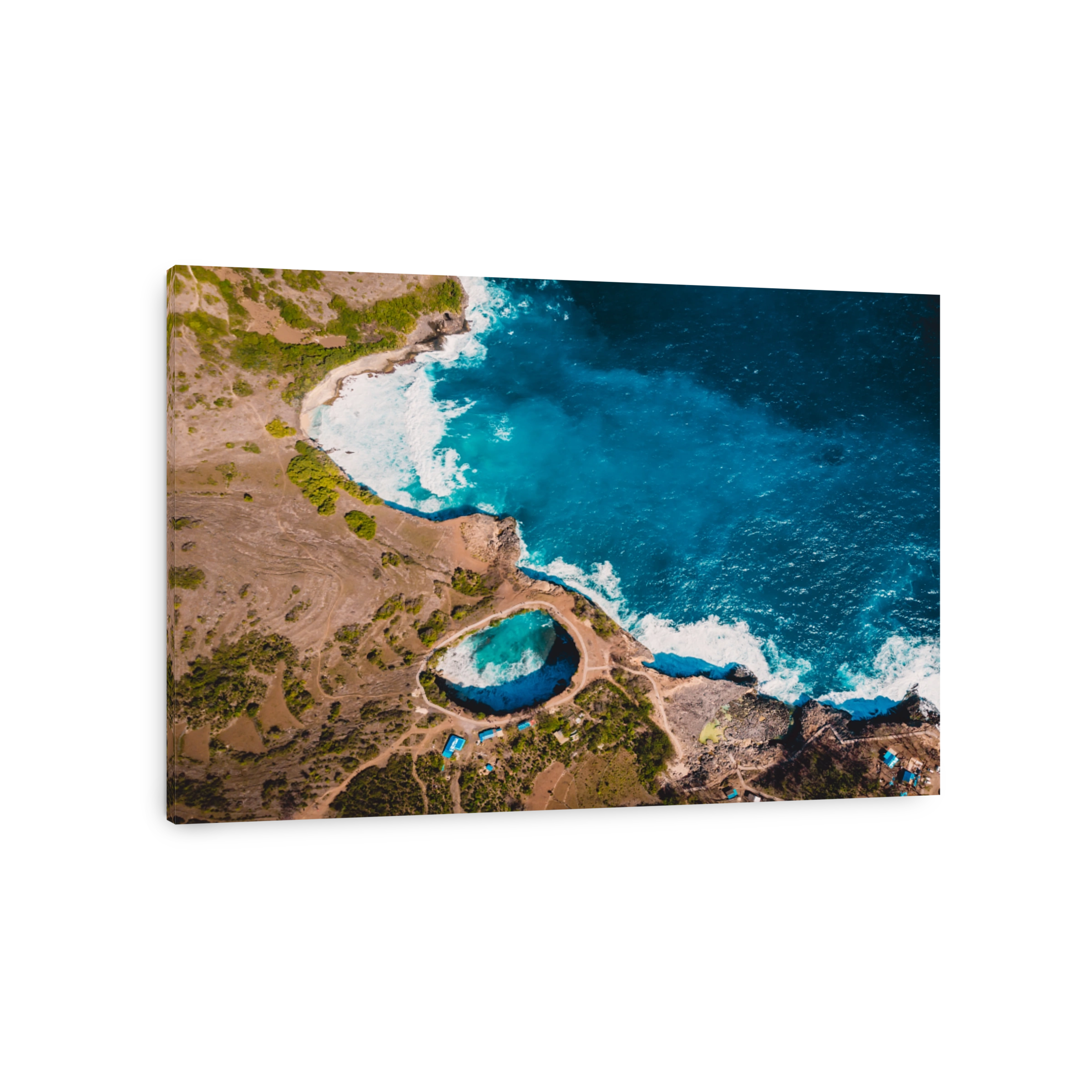 Manta bay on Nusa Penida Island. Aerial drone view with cost and blue ocean