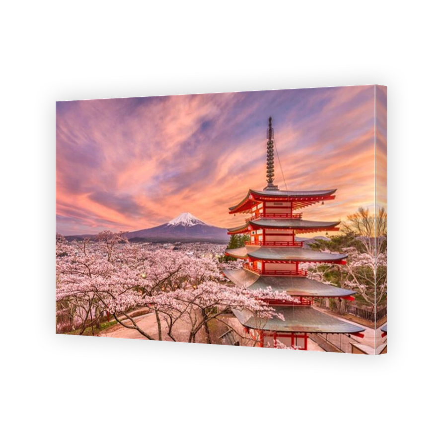 Fujiyoshida, Japan view of Mt. Fuji and pagoda in spring season.