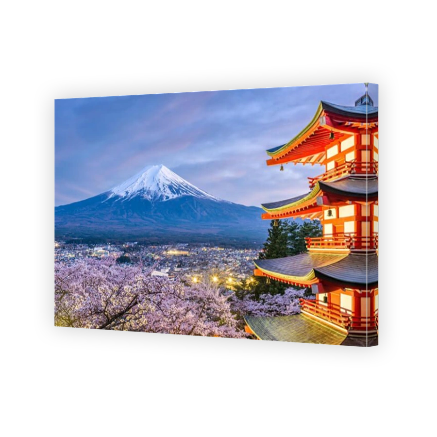 Fujiyoshida, Japan view of Mt. Fuji and pagoda in spring season.