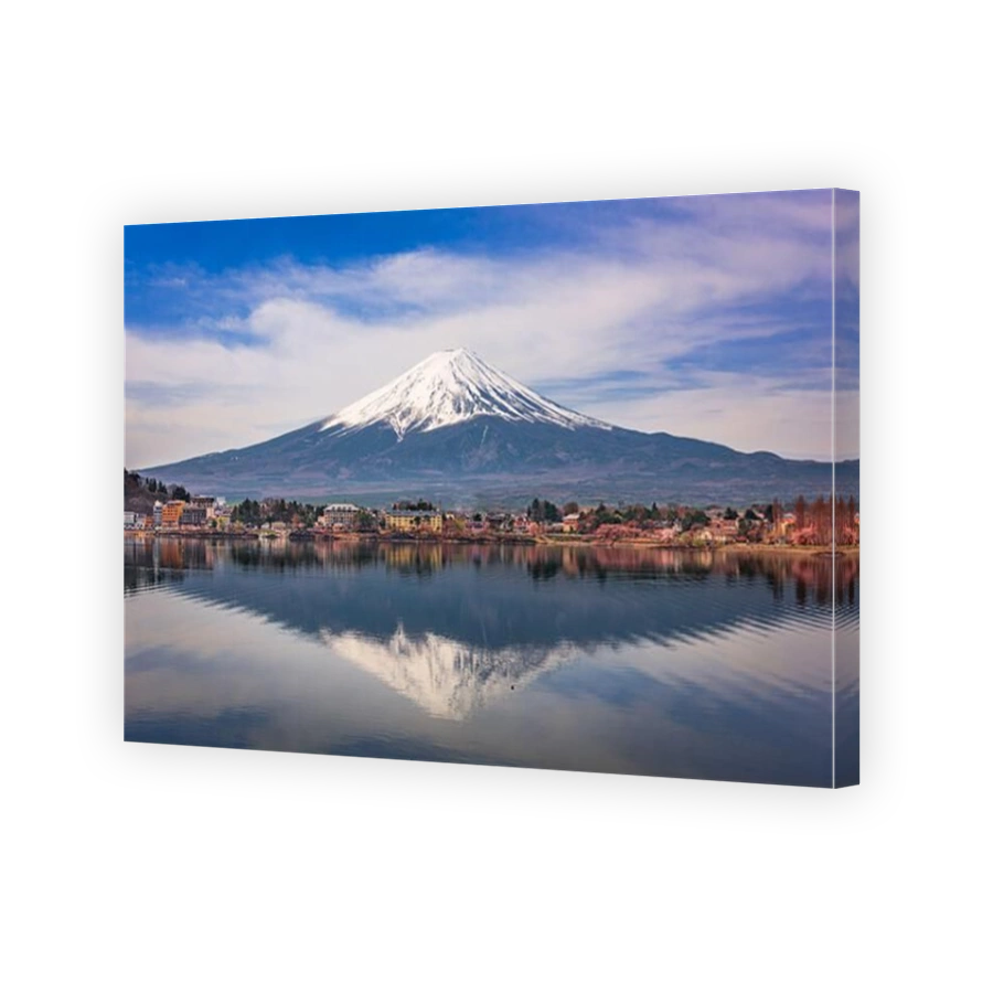 Mount Fuji  near Lake Kawaguchi with spring foliage in Yamanashi Prefecture, Japan.