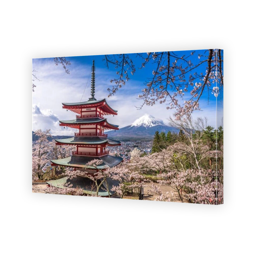 Fujiyoshida, Japan view of Mt. Fuji and pagoda in spring season.