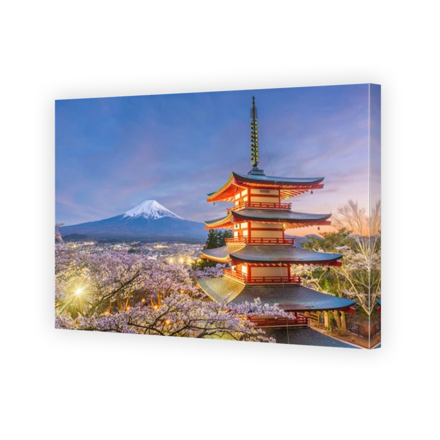 Fujiyoshida, Japan view of Mt. Fuji and pagoda in spring season.