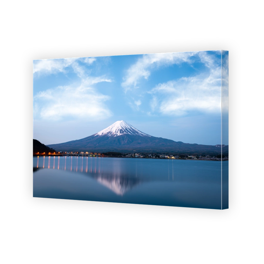 Mount Fuji at dusk near Lake Kawaguchi in Japan.
