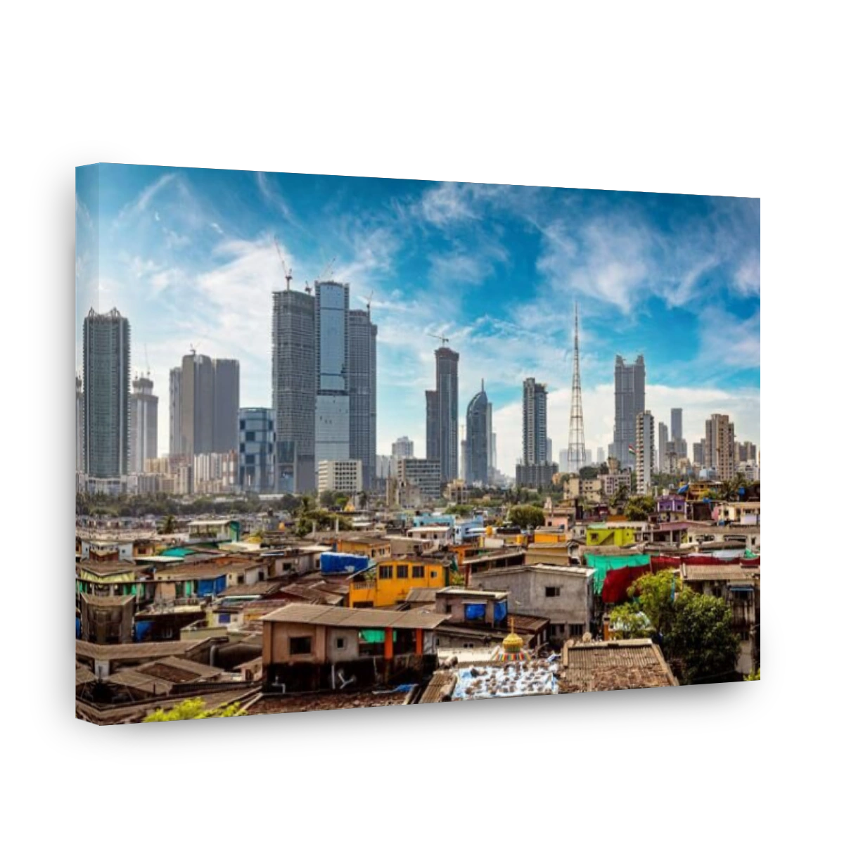 Views of slums on the shores of mumbai, India against the backdrop of skyscrapers under construction