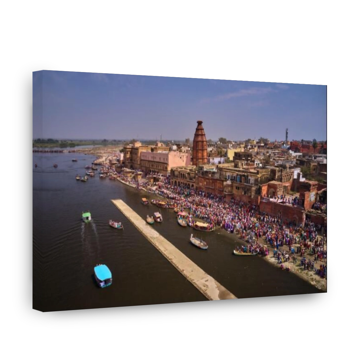 Boats and pilgrims on Ganga in India, aerial drone view