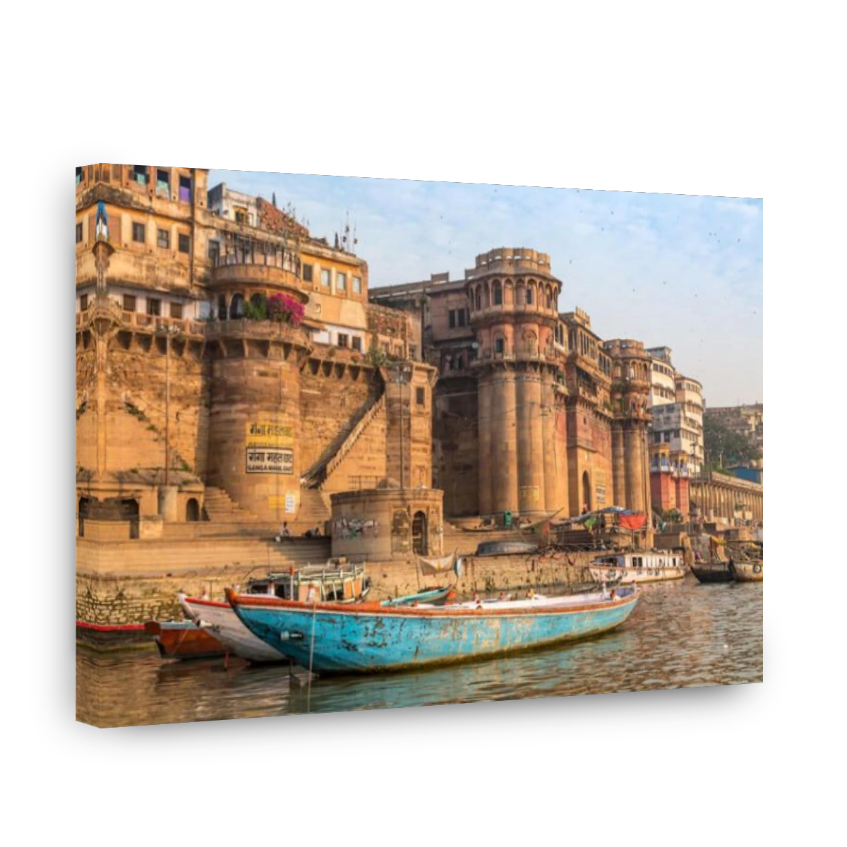 Varanasi city view with old architectural buildings and temples along the Ganges river ghats. Varanasi is the most ancient city of India