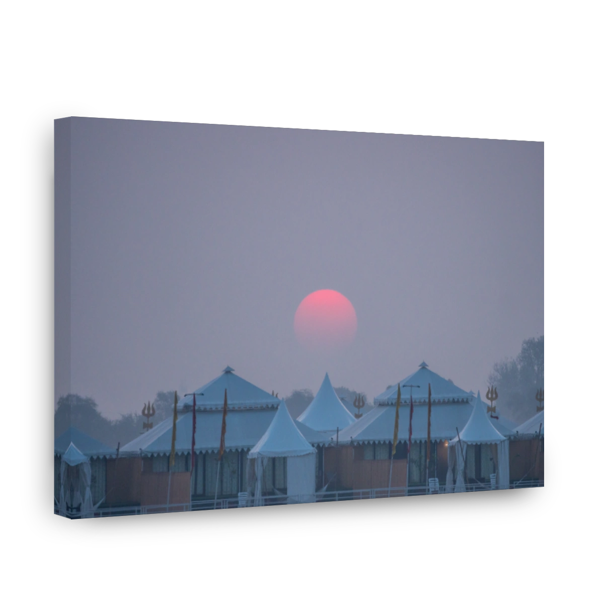 The red sun is shining brightly amidst the cloudy sky, Varanasi, India
