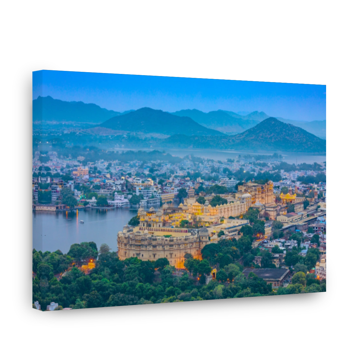 Aerial view of City Palace at night. Udaipur, Rajasthan, India