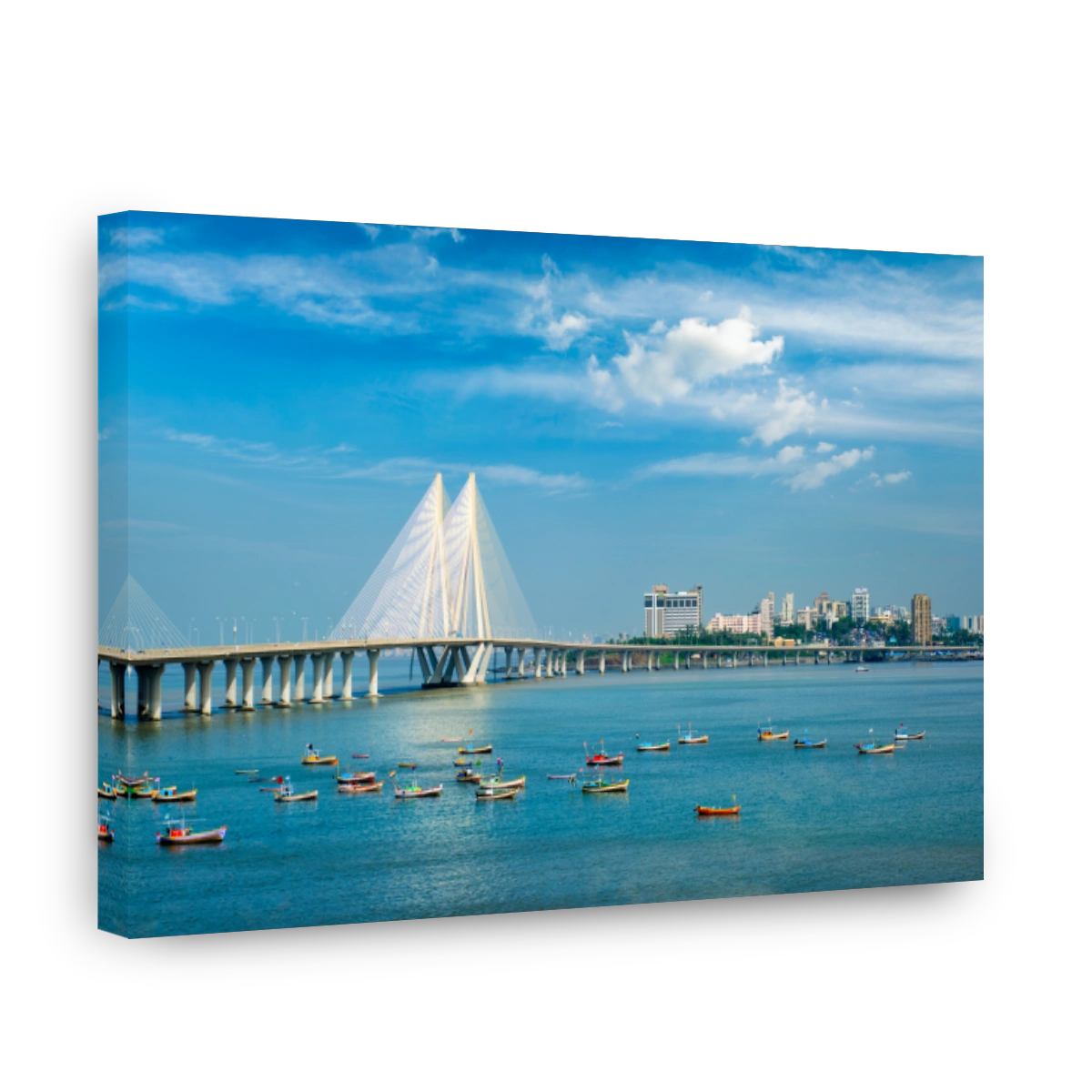 Bandra - Worli Sea Link bridge with fishing boats view from Bandra fort. Mumbai, India