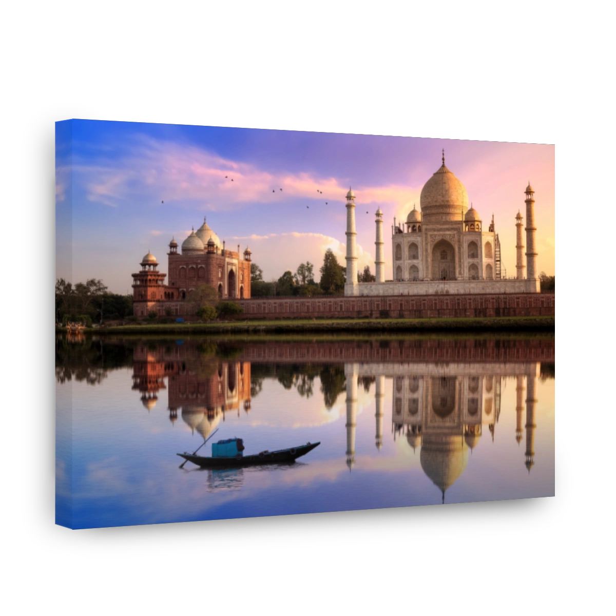 Taj Mahal Agra India at sunset with mirror reflection and vibrant sky. Taj Mahal is located at the banks of river Yamuna.