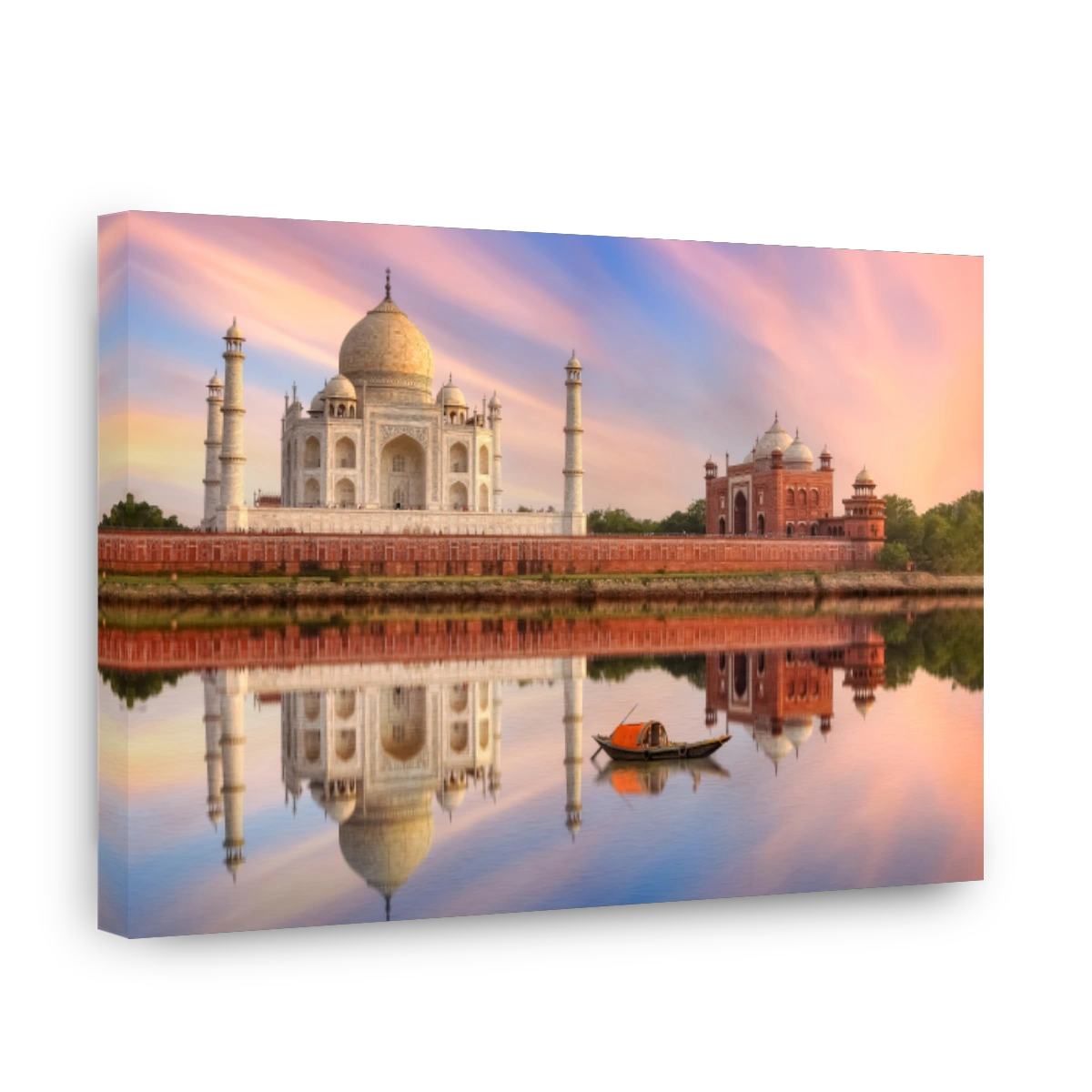 Taj Mahal Agra India at sunset on the banks of river Yamuna with moody sunset sky and view of wooden boat used for tourist ride on the river