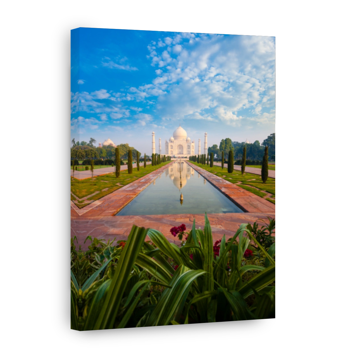 Distant Taj Mahal Reflection Fountain Flowers
