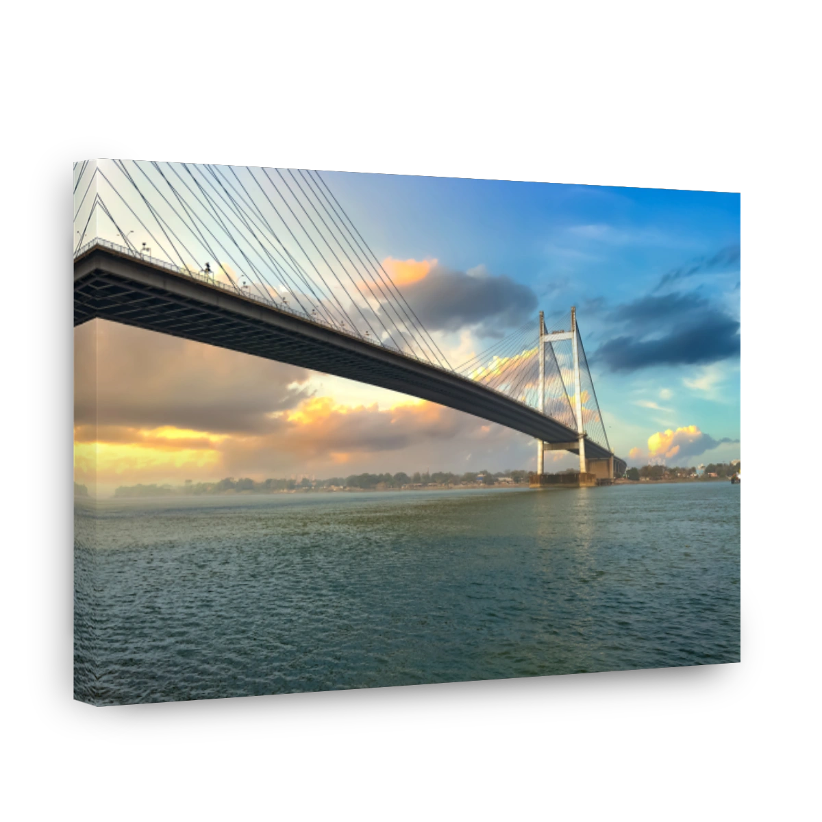Cable stayed bridge on river Ganges at sunrise at Kolkata India