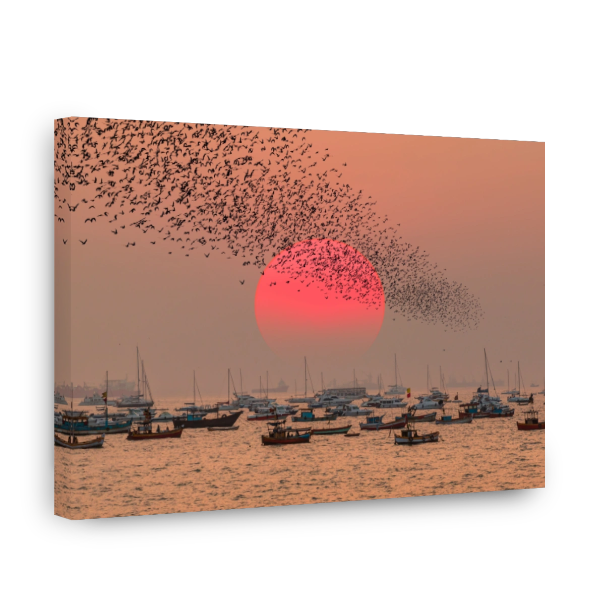 Colorful fishing boats near the shore of dirty water of Arabian sea at amazing sunrise - Mumbai, India