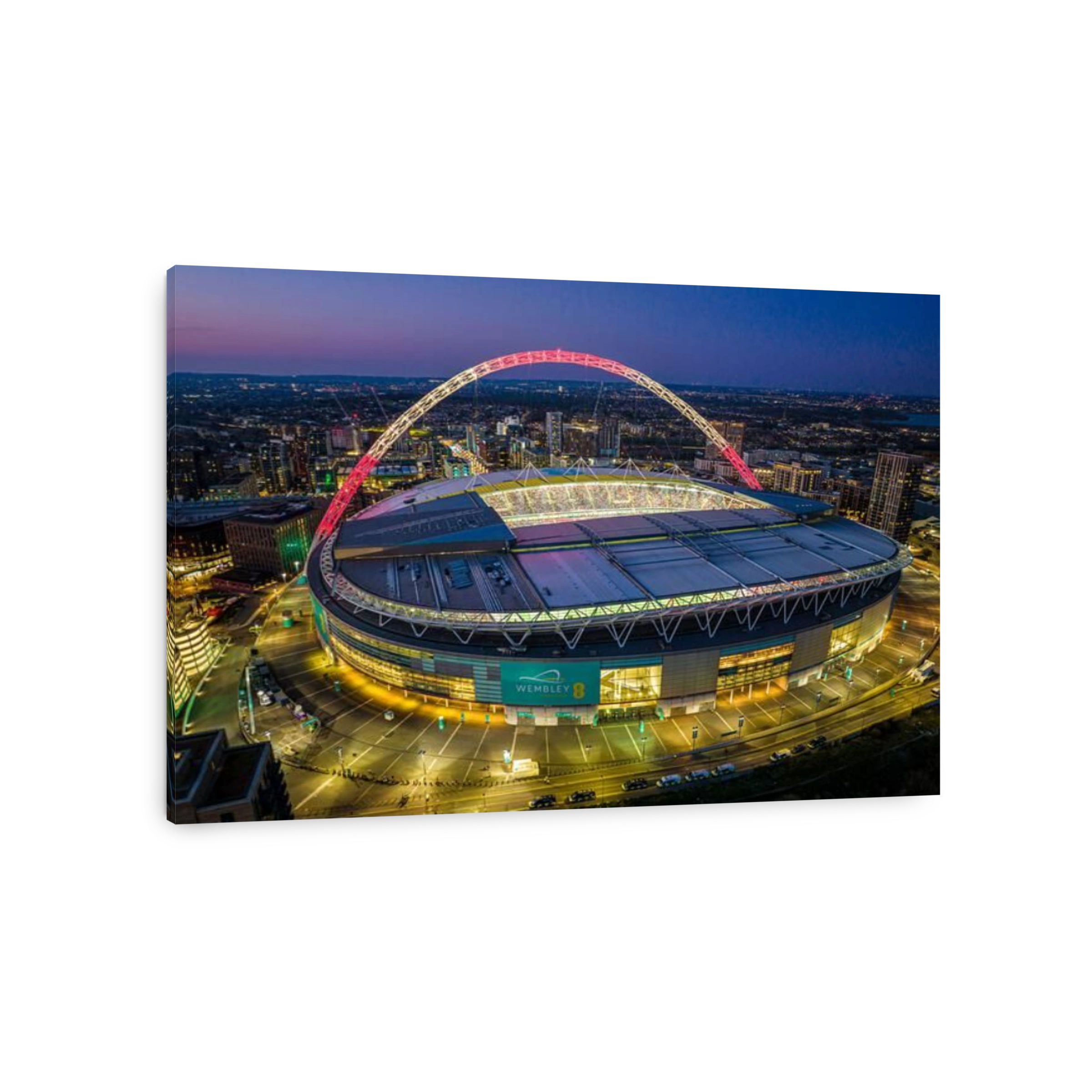 Wembley Stadium with arch lit up in Red and White to support the England football team