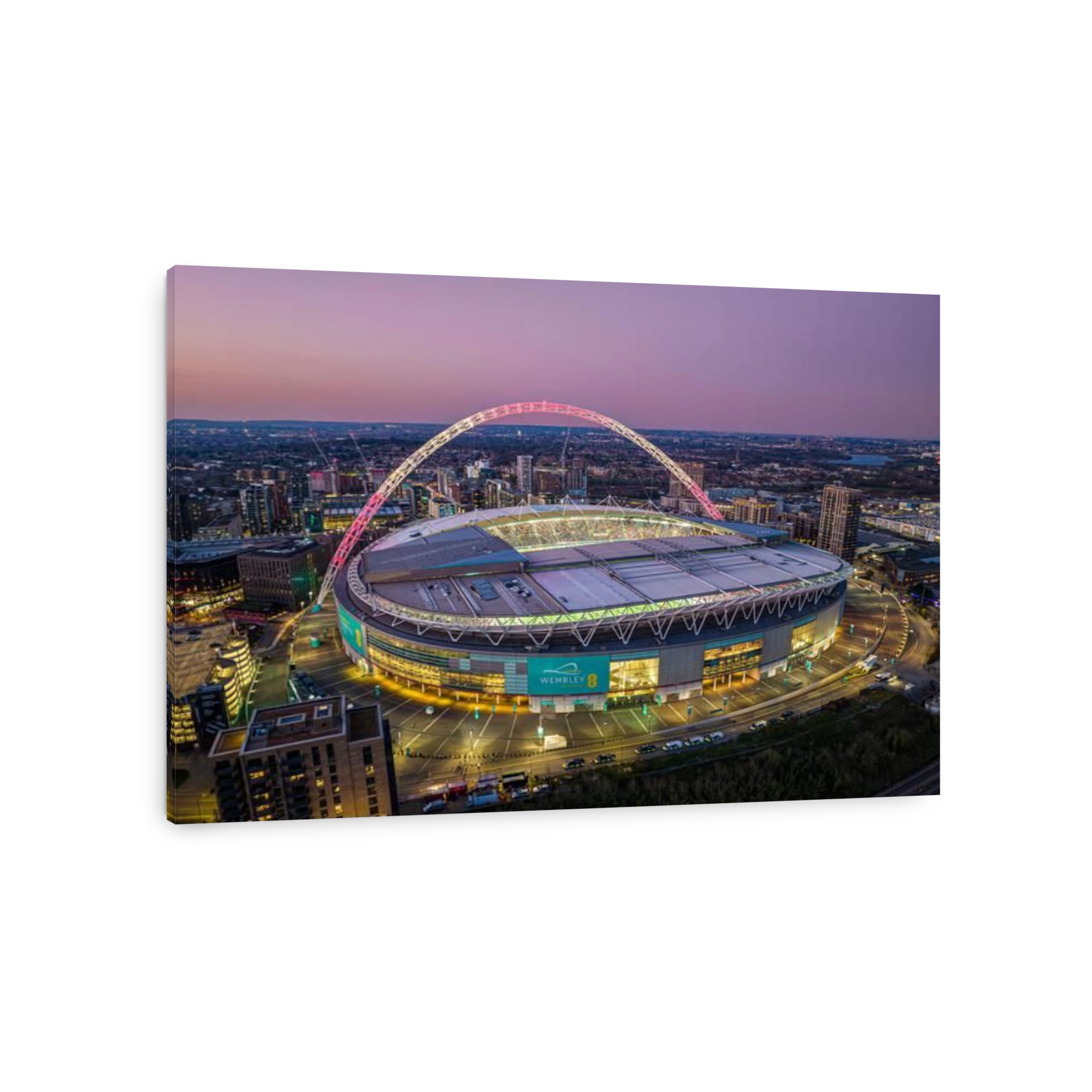 Wembley Stadium with arch lit up in Red and White to support the England football team