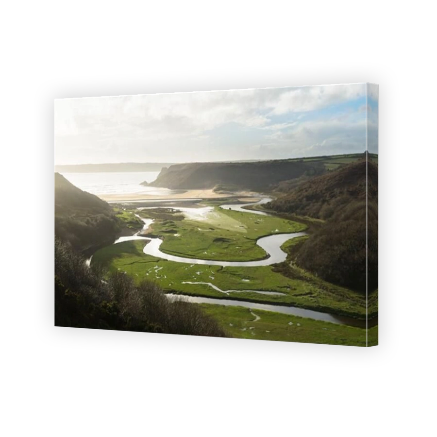 View over Three Cliffs Bay from Pennard Castle on the Gower Peninsula, Wales.
