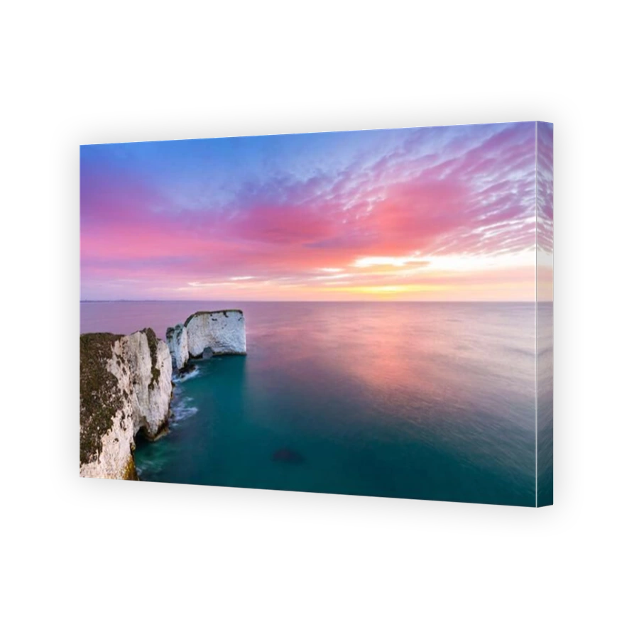 View of the Old Harry Rocks, chalky formations near Handfast Point, on the Isle of Purbeck in Dorset, Jurassic Coast, southern England.