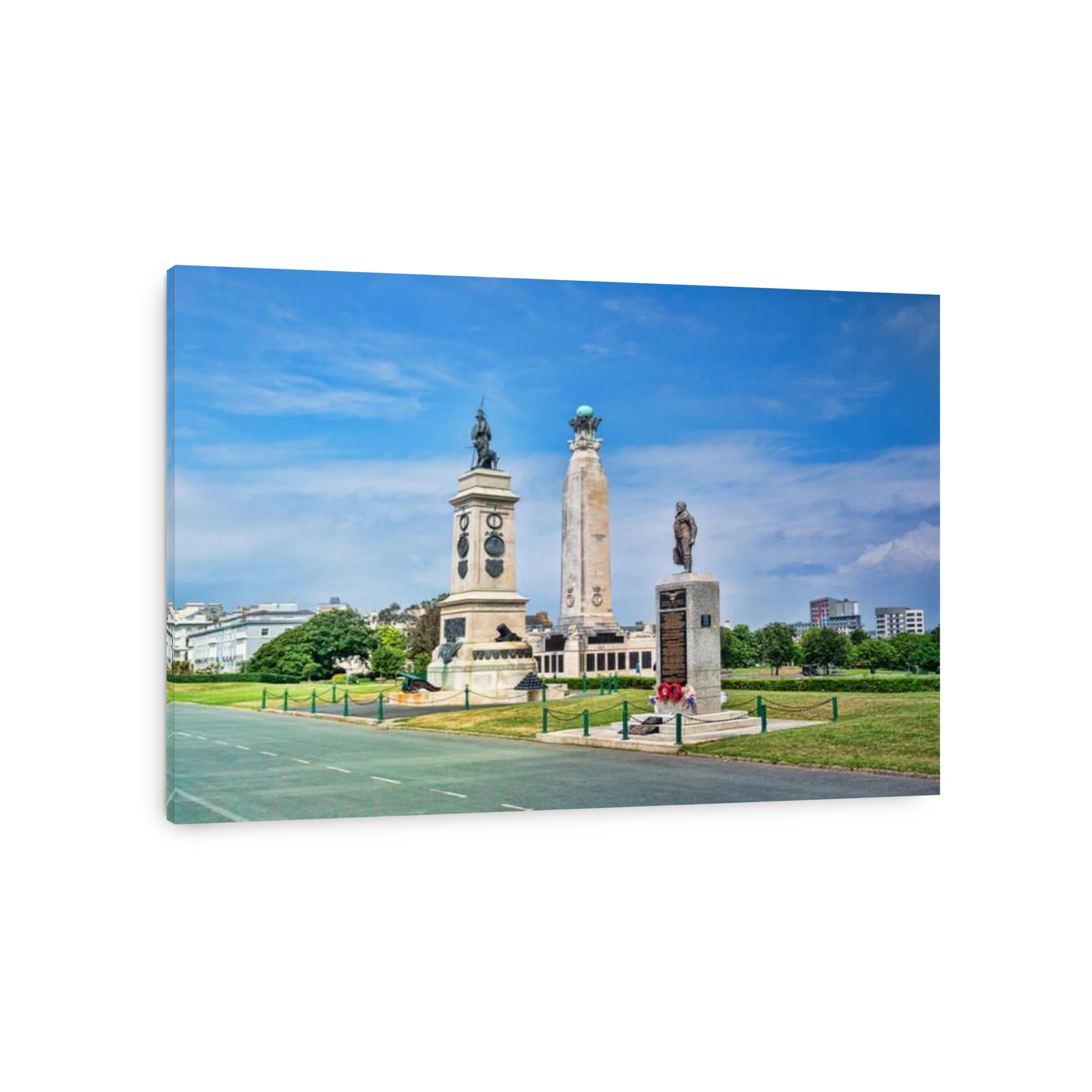 8 June 2018: Plymouth, Devon, UK - Monuments or war memorials on Plymouth Hoe - left to right, the Armada Monument, the Royal Navy Monument and the Ro
