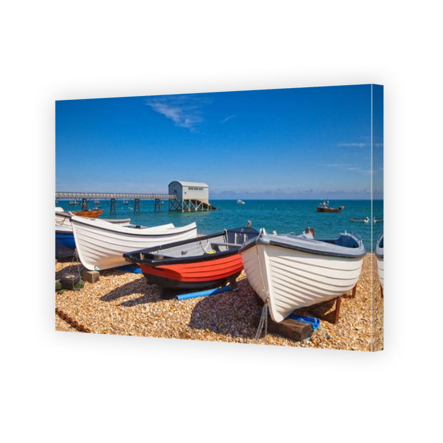Selsey Bill, on the coast of West Sussex, England, with boats and the Lifeboat Station.
