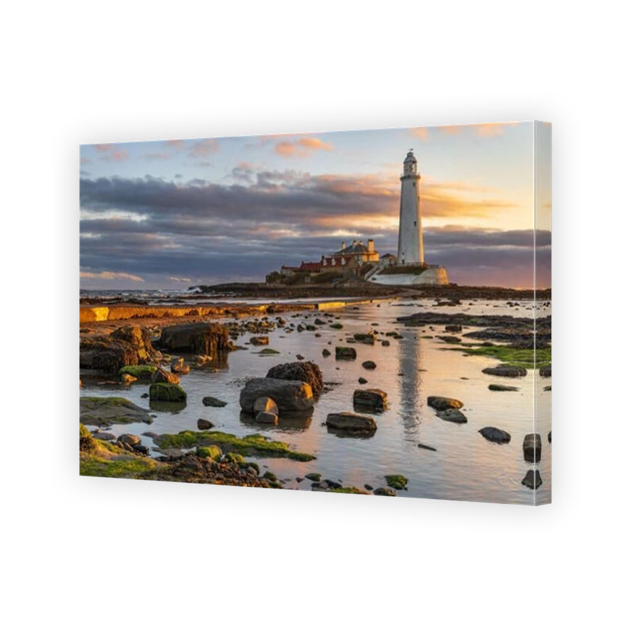 Sunrise at St. Mary's Lighthouse at Whitley Bay, North Tyneside, Uk. The Lighthouse is a grade II listed building