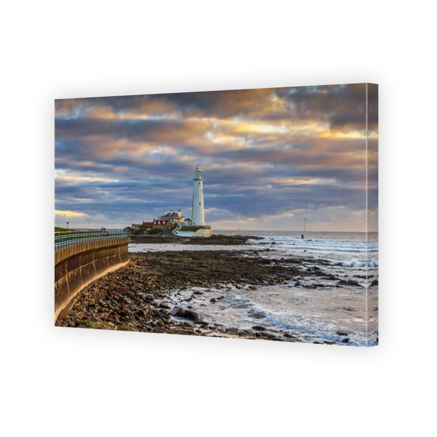 Sunrise at St. Mary's Lighthouse at Whitley Bay, North Tyneside, Uk. The Lighthouse is a grade II listed building