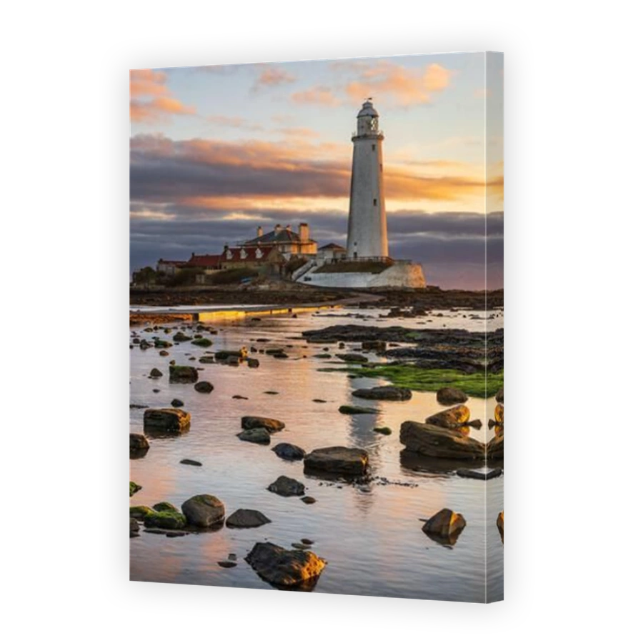 Sunrise at St. Mary's Lighthouse at Whitley Bay, North Tyneside, Uk. The Lighthouse is a grade II listed building