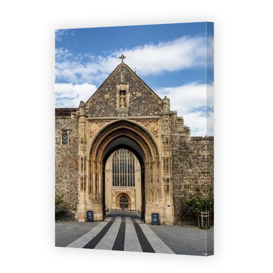 View of the medieval Norwich Cathedral through the Erpingham Gate, Norfolk, England.