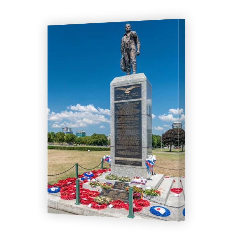 The memorial, dedicated to the Royal Air Force and Commonwealth  & Allied Air Forces, adorned with wreaths on Plymouth Hoe in South Devon.