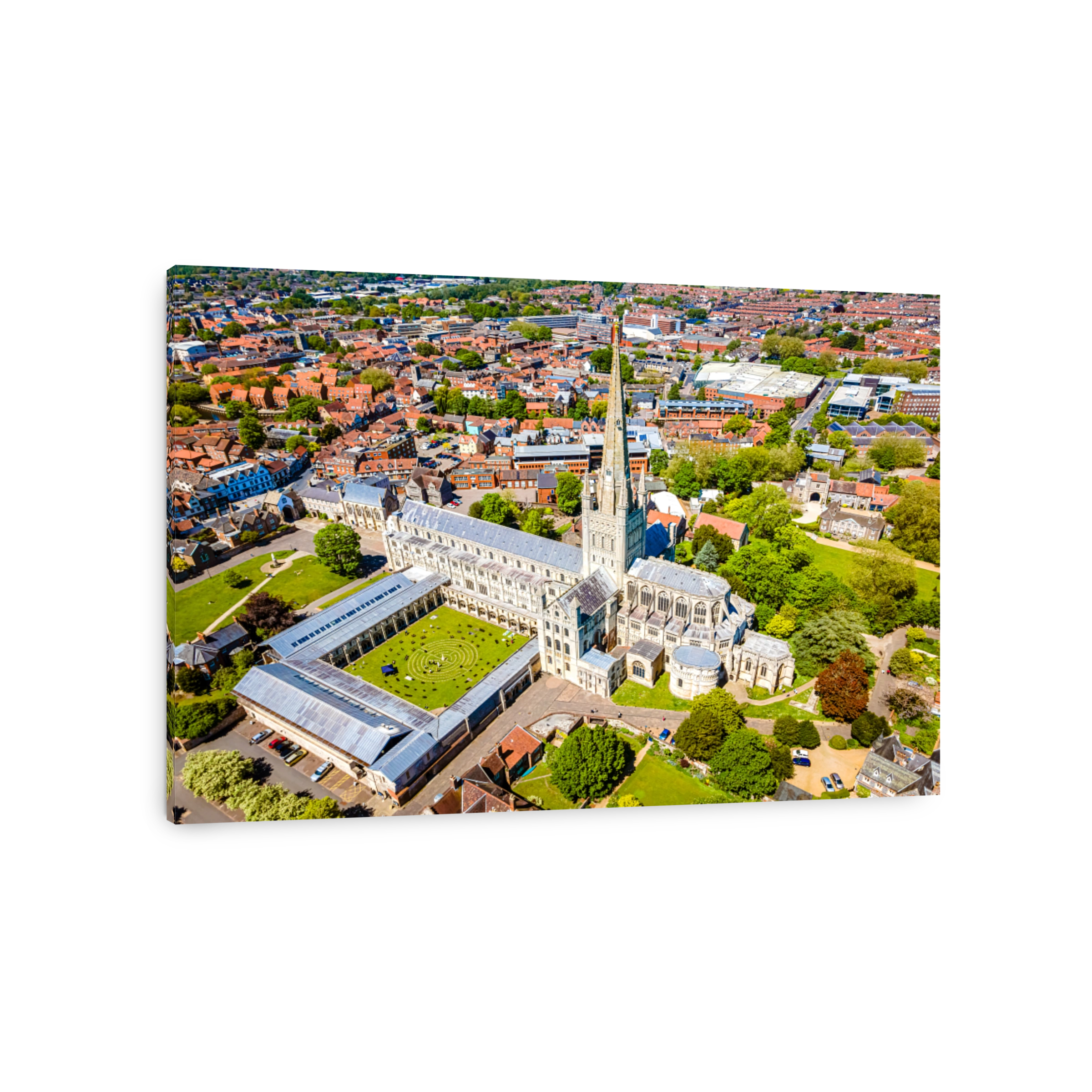 Aerial view of Norwich Cathedral located in Norwich, Norfolk