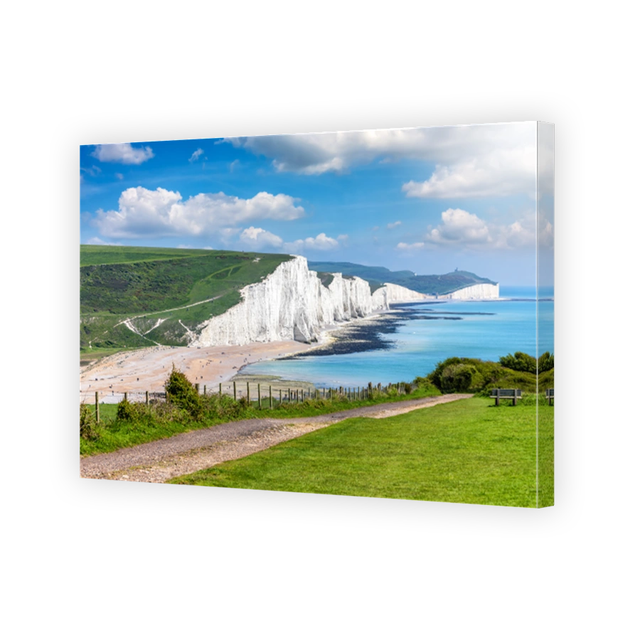 Panoramic view of the Seven Sisters Chalk cliffs during an early summer day